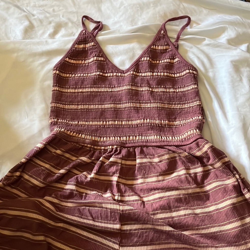 Purple and pink striped shorts jumpsuit